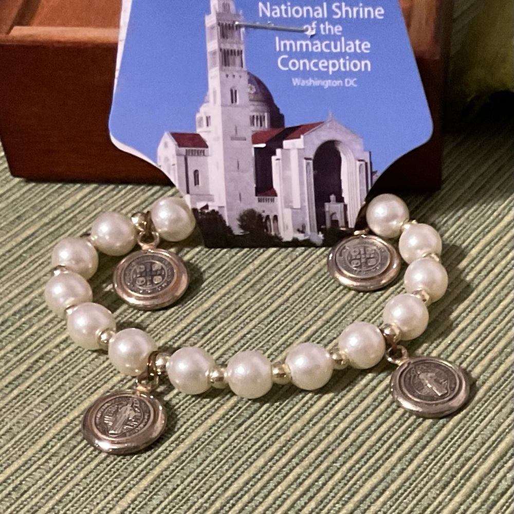 Inspiration Faux Pearl Silver Gold trim Charm Bracelet Religious